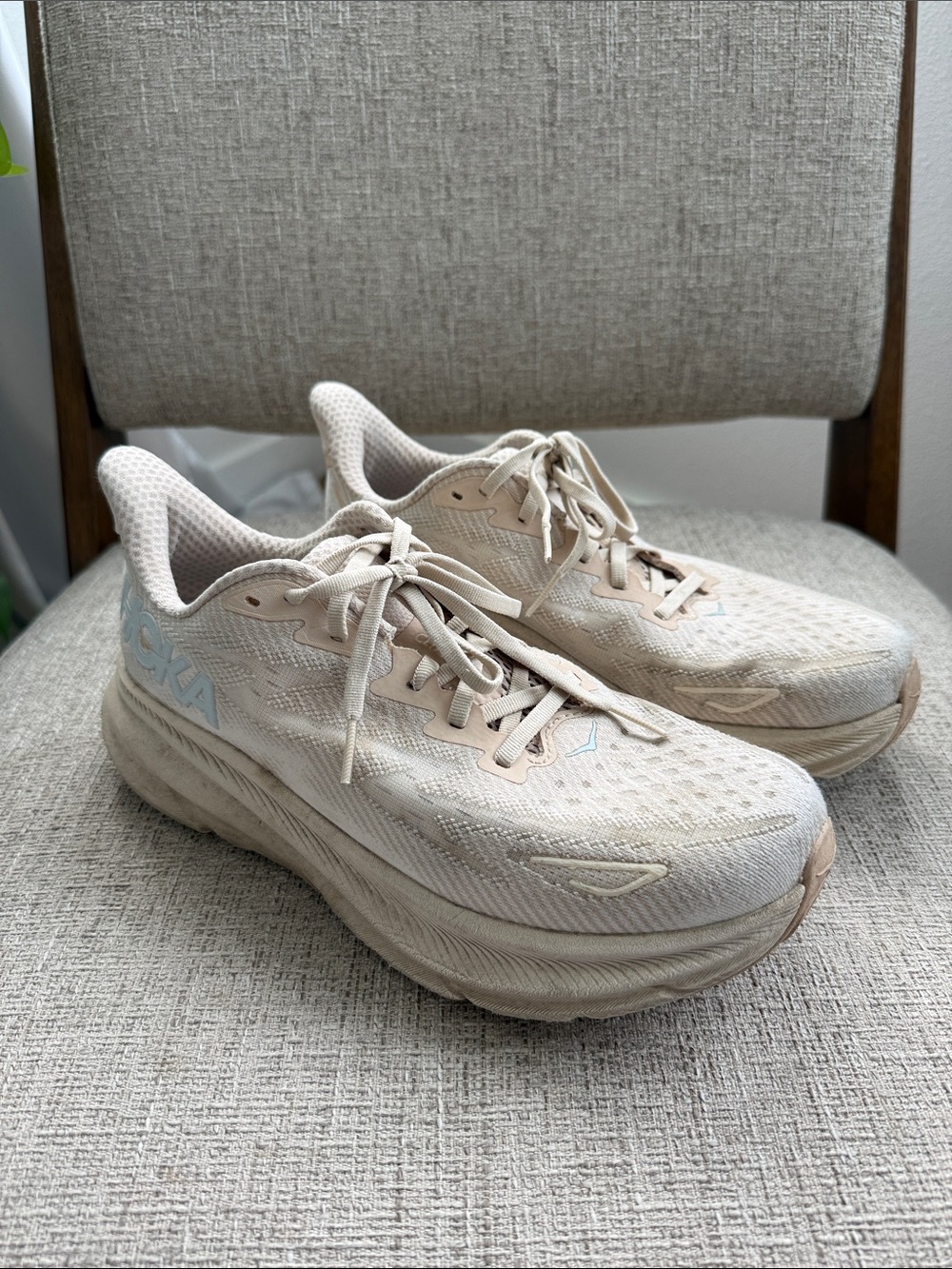 Hoka Women's Athletic Shoes in Light Beige with Pale Blue Logo